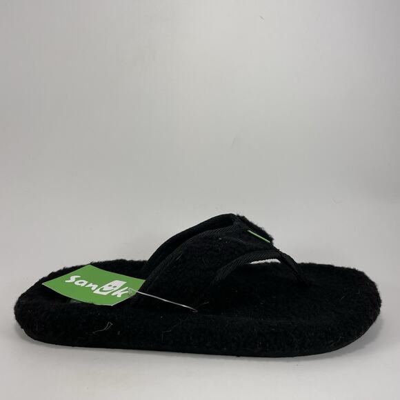 Sanuk Furreal Classic Chill Fuzzy Flip Flops Womens Size 7 Black Sandals Thong - Picture 1 of 9